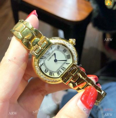 Fake Cartier Rotonde de Yellow Gold Diamond Bezel Watches 28mm